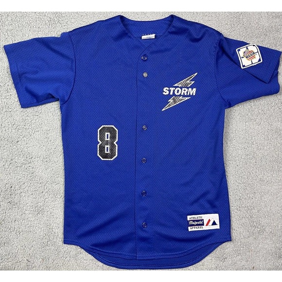 Storm‎ Bowling Uniform Baseball Button Up Jersey Blue Majestic AAU USA Size S - Picture 1 of 9